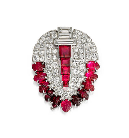 Bonhams : An Art Deco ruby and diamond brooch, Cartier,