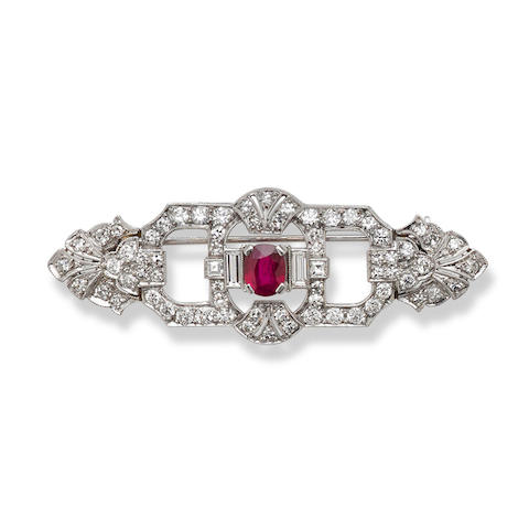 Bonhams : An Art Deco synthetic ruby, diamond and platinum brooch