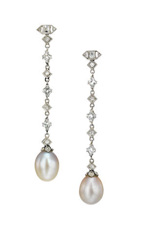 Bonhams : A pair of natural pearl and diamond drop earrings