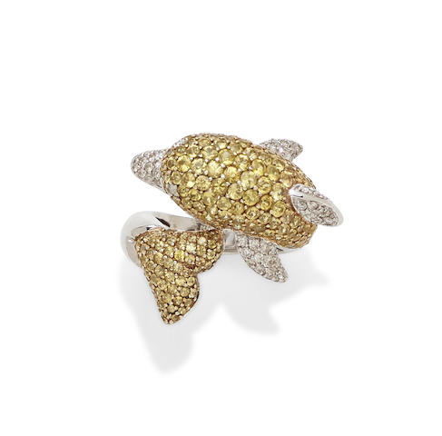 Bonhams : A yellow sapphire, diamond and 18k white gold dolphin ring