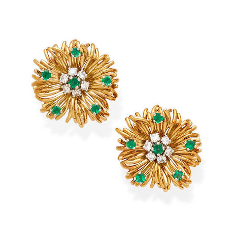 Bonhams : A pair of emerald, diamond, platinum and 18k gold ear clips ...