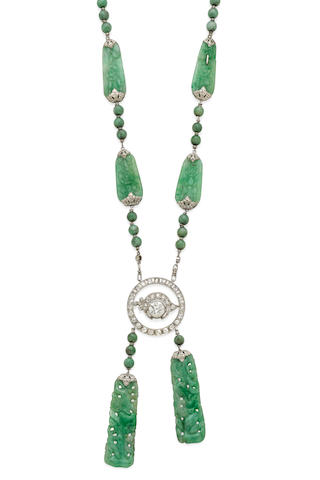 Bonhams : An art deco jadeite jade, diamond and platinum Necklace,