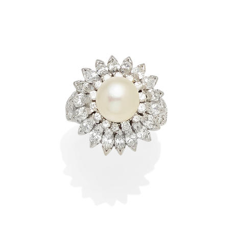 Bonhams : A diamond, cultured pearl and platinum ring