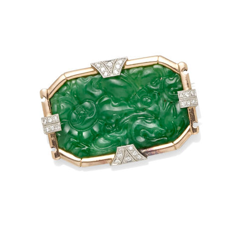 Bonhams : A jadeite and diamond brooch