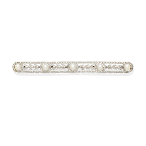 Bonhams : A pearl and diamond bar pin,