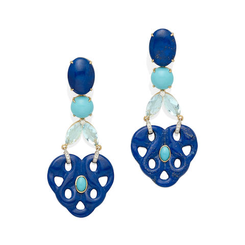 Bonhams : A pair of lapis lazuli, turquoise, aquamarine and diamond ear ...