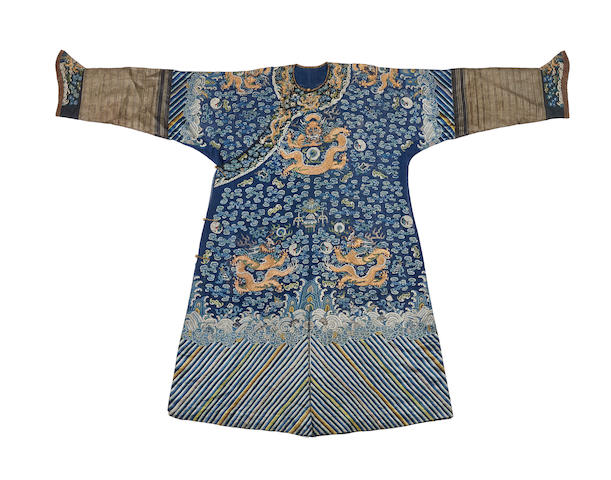 Bonhams : An embroidered blue-ground silk gauze summer dragon robe 19th ...