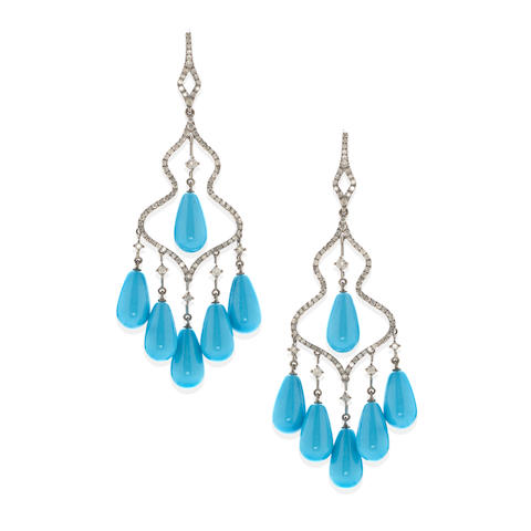 Bonhams : A pair of turquoise and diamond ear pendants