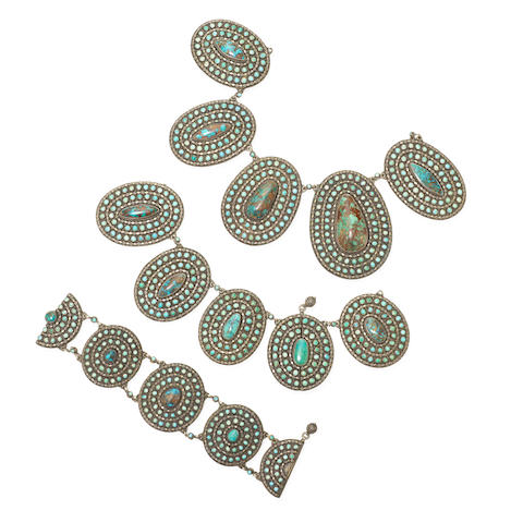 Bonhams : Turkish Silver and Turquoise Necklace and Bracelet Set