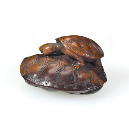 Bonhams : A wood netsuke of two turtles By Tomkazu, Edo period, 19th ...