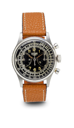 Bonhams : Heuer. A fine stainless steel black dial tachymeter ...