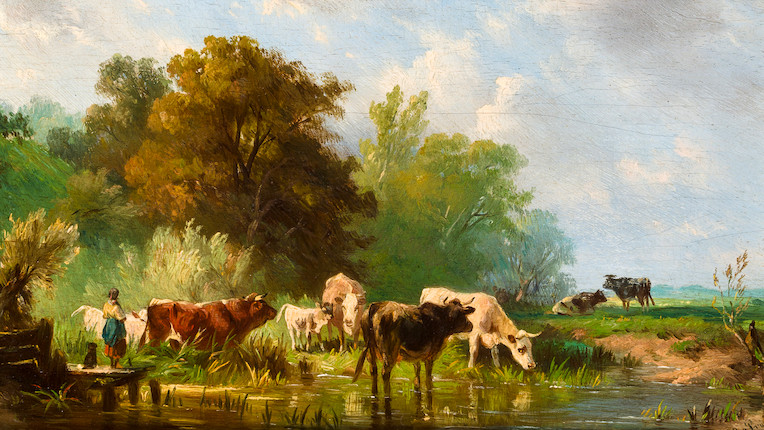 bonhams-adriaan-gerrit-van-proyen-dutch-1776-1854-tableau-vivant-cows-watering-at-a