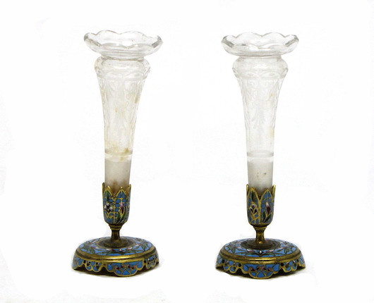 Bonhams : A pair of French champlevé, gilt bronze and engraved glass ...