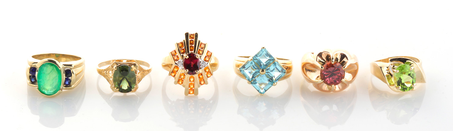 Bonhams : A collection of six gem-set, 14k and 10k gold rings