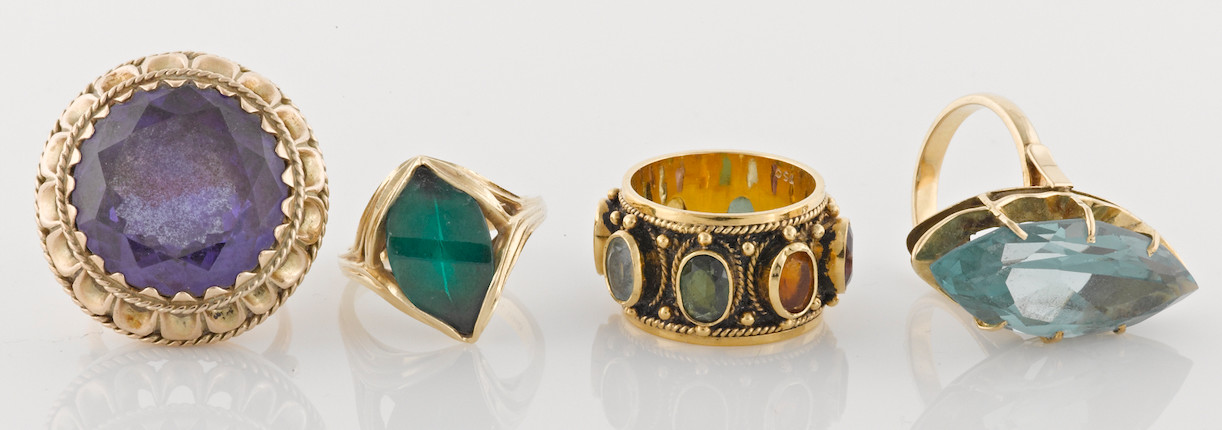 Bonhams : A collection of four gem-set, synthetic gem, 18k and 14k gold ...