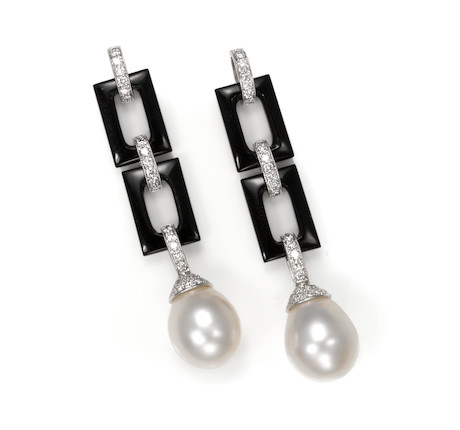 Bonhams : A pair of cultured pearl, black onyx and diamond earrings ...