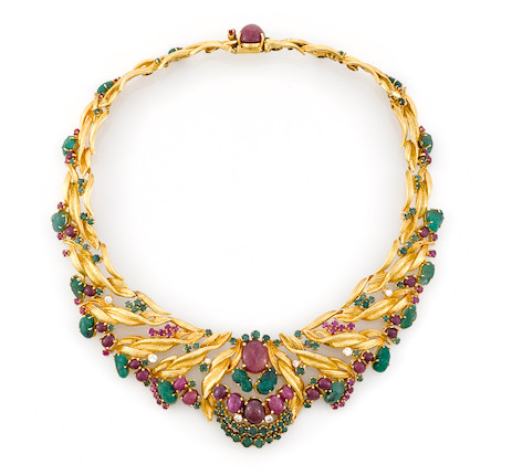 Bonhams : A ruby, emerald and diamond foliate motif bib necklace