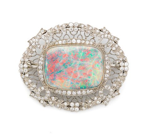 Bonhams : An opal and diamond filigree brooch, Spaulding & Co.