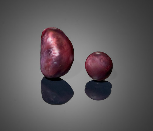 Bonhams : Two Rare Natural Nacreous Purple Pearls and Shell