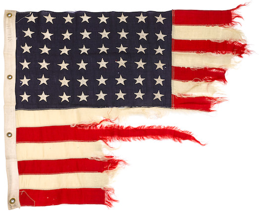 A D-Day 48 star Ensign flown from LST-493, 6th June 1944 onward supplying the Normandy Beach Head, flown on the beaches of Gold, Juno, Utah and Omaha 36 x 39 in (widest part), (91.5 x 99 cm). image 1