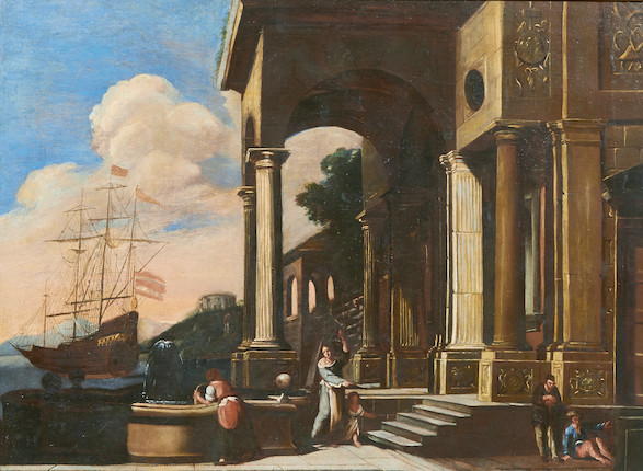 Italian School A capriccio scene with a boat in the harbor and figures in the foreground 29 x 39 1/2in (73.6 x 100.3cm) image 1