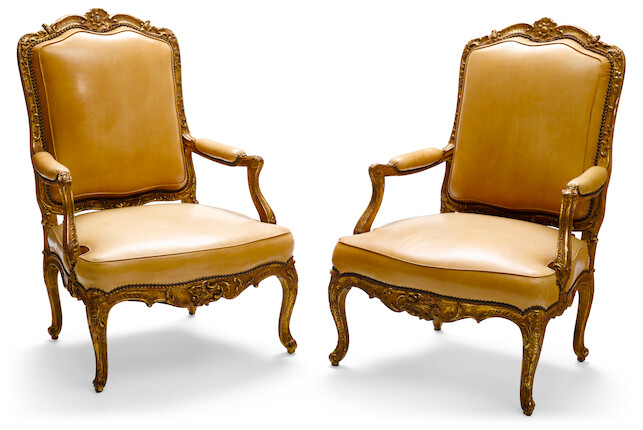 Bonhams : A pair of Louis XV style carved giltwood fauteuils late 19th ...