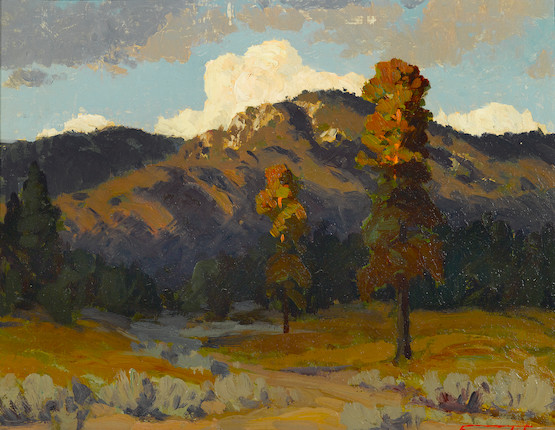 Bonhams : Fremont F. Ellis (American, 1897-1985) Pines at Evening 14 x ...