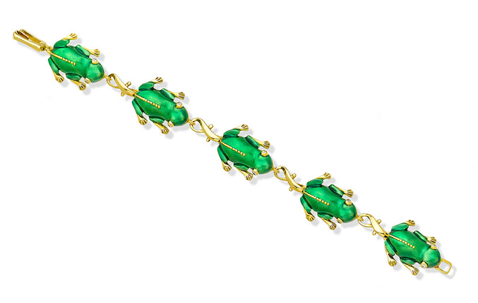 Bonhams : An enamel, diamond and 18k gold frog bracelet, Peter Lindeman