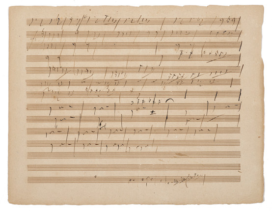 BEETHOVEN, LUDWIG VAN. 1770-1827. Autograph Musical Manuscript, 2 pp, oblong 4to (233 x 307 mm), Vienna, early 1809, ruled with 14-staves per page, image 3