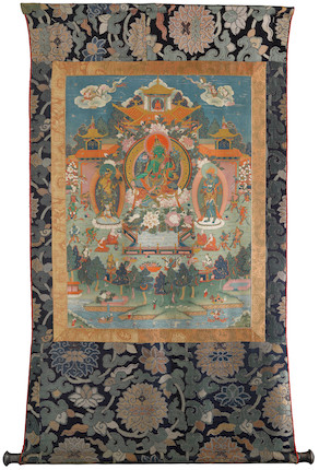 Bonhams : A THANGKA OF GREEN TARA IN HER PURE LAND TIBET, 19TH CENTURY