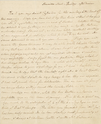 AUSTEN, JANE. 1775-1817. Autograph Letter Signed (J. Austen), to her sister Cassandra, discussing their brother Edward's china from Wedgwood's, music lessons, the children's dentistry, and Mrs. Tilson's child-bearing among other intimate affairs, image 2