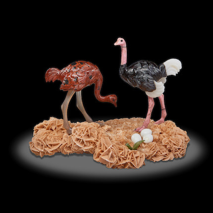 Bonhams : Multi-gemstone Carving Depicting an Ostrich Pair