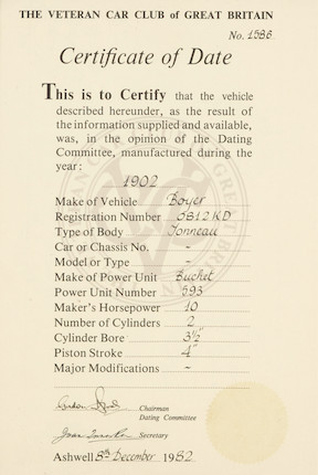 1902 Boyer 9HP Two-Cylinder Rear Entry TonneauEngine no. 593 image 3