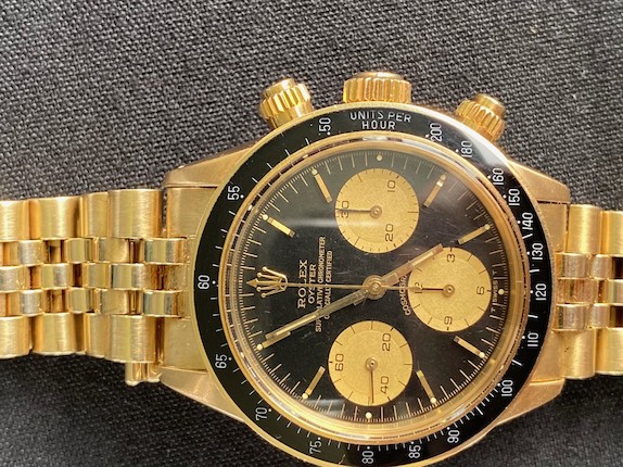 ROLEX. AN EXCEPTIONAL AND RARE 14K GOLD MANUAL WIND CHRONOGRAPH BRACELET WATCH Cosmograph, Ref 6263/5, c.1977 image 9