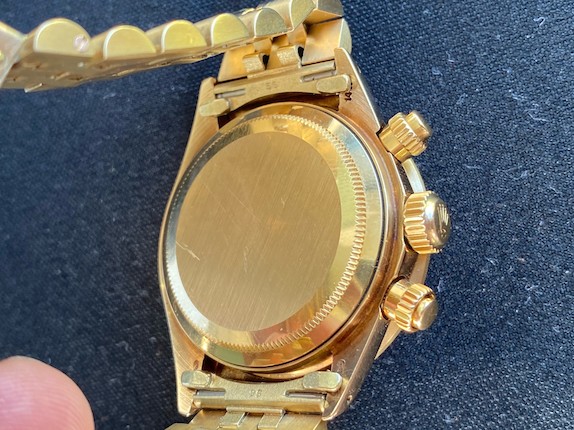ROLEX. AN EXCEPTIONAL AND RARE 14K GOLD MANUAL WIND CHRONOGRAPH BRACELET WATCH Cosmograph, Ref 6263/5, c.1977 image 7