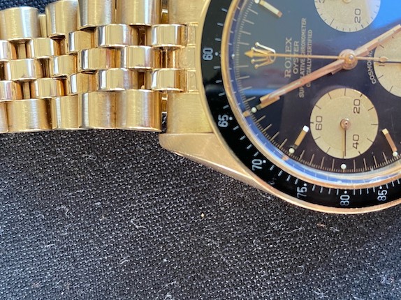 ROLEX. AN EXCEPTIONAL AND RARE 14K GOLD MANUAL WIND CHRONOGRAPH BRACELET WATCH Cosmograph, Ref 6263/5, c.1977 image 6