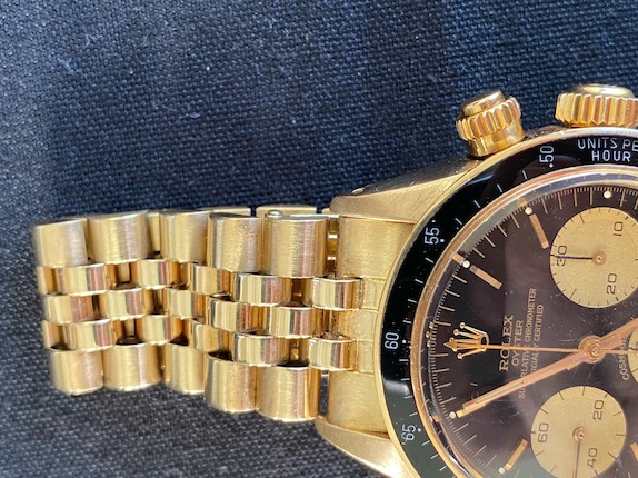 ROLEX. AN EXCEPTIONAL AND RARE 14K GOLD MANUAL WIND CHRONOGRAPH BRACELET WATCH Cosmograph, Ref 6263/5, c.1977 image 5