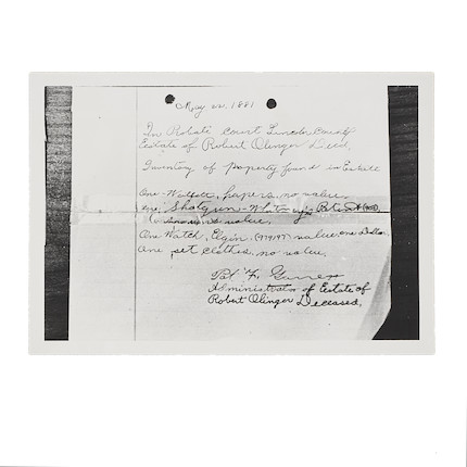 BILLY THE KID WHITNEY DOUBLE BARREL HAMMER SHOTGUN TAKEN FROM DEPUTY BOB OLINGER AND USED TO KILL HIM DURING BILLY THE KID'S DRAMATIC LINCOLN COUNTY COURTHOUSE ESCAPE ON APRIL 28, 1881.  Serial no. 903, circa 1880, 10 gauge 25 1/4 inch round brown Damascus twist pattern. image 12