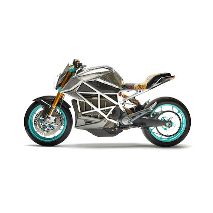 Tinker Hatfield X SEE SEE Custom Electric SR/F Zero Motorcycle2020VIN No. 538ZFAZ71LCK1303accompanied by the original artwork for the seat by Drat Diestler, charging cable and stand image 1