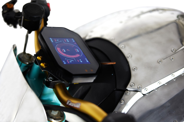 Tinker Hatfield X SEE SEE Custom Electric SR/F Zero Motorcycle2020VIN No. 538ZFAZ71LCK1303accompanied by the original artwork for the seat by Drat Diestler, charging cable and stand image 8