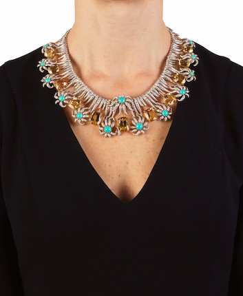 SCHLUMBERGER FOR TIFFANY & CO. A PLATINUM, 18K GOLD, YELLOW BERYL, TURQUOISE AND DIAMOND 'HEDGES AND ROWS' NECKLACE image 2