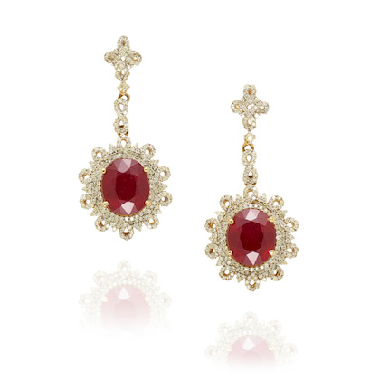 Bonhams : ORIANNE A PAIR OF 14K GOLD, RUBY AND DIAMOND EARRINGS