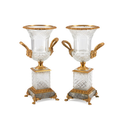Bonhams : A PAIR OF NEOCLASSICAL STYLE GILT METAL MOUNTED GLASS URNS