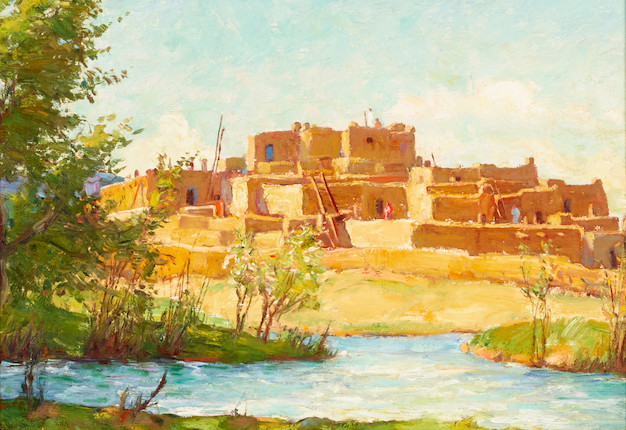 Joseph Henry Sharp (1859-1953) View of the Taos Pueblo 9 3/4 x 13 3/4 in. framed 14 x 18 in. image 1