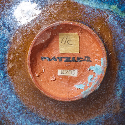 GERTRUD (1908-1971) AND OTTO NATZLER (1908-2007) Double-Curved Vase1962green crystalline glazed earthenware, signed 'NATZLER' with numbered paper label 'M285' and handwritten label '11c' on undersideheight 8 3/4in (22.2cm); diameter 5 1/2in (13.9cm) image 3