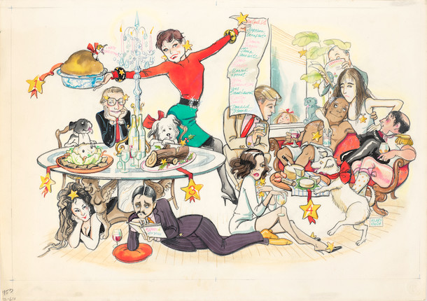 WATERCOLOR FOR ANDY WARHOL'S INTERVIEW MAGAZINE. KNIGHT, HILARY. B.1926. Original watercolor on board, Christmas Dinner at Maxime de la Falaise's, depicting Madame la Falaise's fantasy Christmas party featuring Patti Smith, Bianca Jagger, Pablo Picasso, Napoleon, Yves St Laurent, Tama Janowitz, Marcel Proust, John Richardson, and Donald Trump, as Eloise observes from a window, image 1