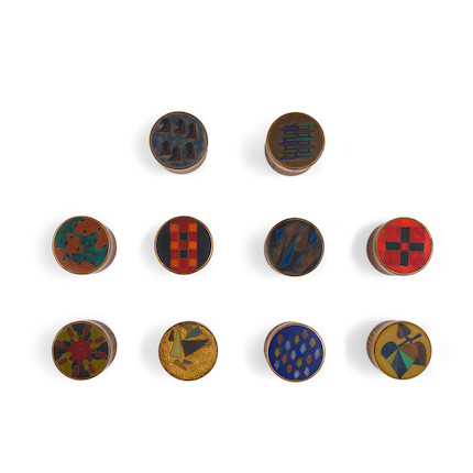 A GROUP OF TEN SMALL KARL SCHIBENSKY FOR SCHOLZ & LAMMEL ENAMELED COPPER AND OAK BOXES height of each approximately 2 1/2in (6.5cm) image 1