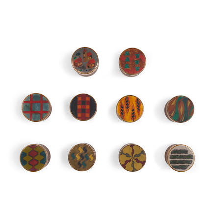 A GROUP OF TEN SMALL KARL SCHIBENSKY FOR SCHOLZ & LAMMEL ENAMELED COPPER AND OAK BOXES height of each approximately 2 1/2in (6.5cm) image 1