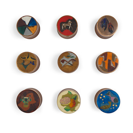 A GROUP OF NINE LARGE KARL SCHIBENSKY FOR SCHOLZ & LAMMEL ENAMELED COPPER AND OAK BOXES height of each approximately 2 3/4in (7cm) image 1