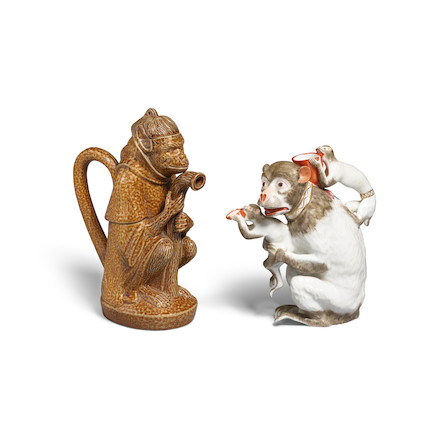 TWO CONTINENTAL GLAZED CERAMIC MONKEY PITCHERS 20th centuryheight of tallest 9in (22.8cm) image 1